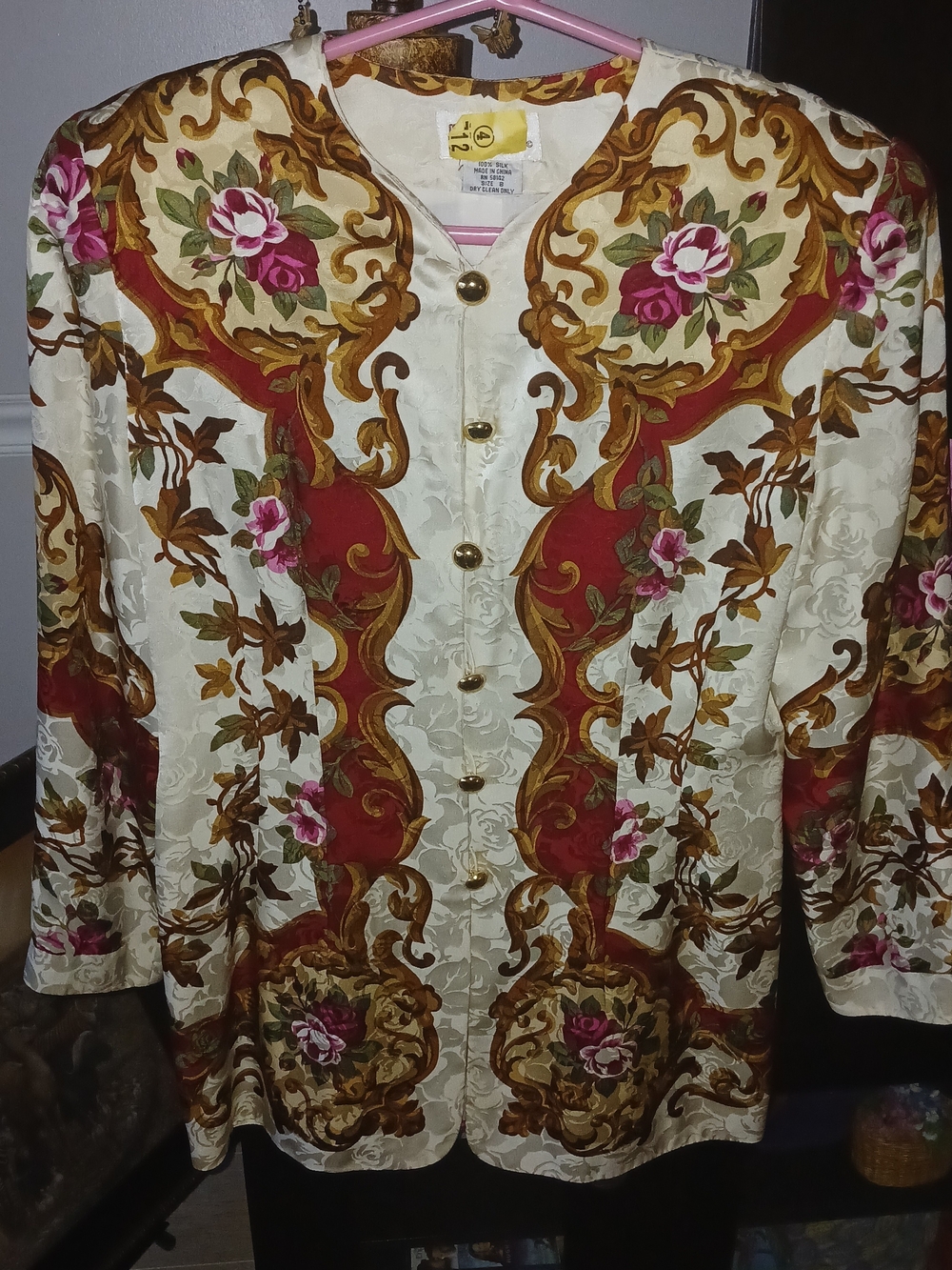 Maggy London Cream Burgundy Floral Baroque Button Front Suit/Shirt Blazer